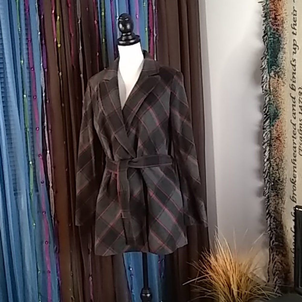 Jacket, Red/Gray Plaid, Wool Blend, Lined, Size M